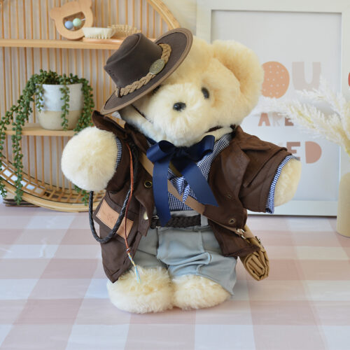 Tambo Teddies Mr Stockman teddy bear blue woollen sheepskin