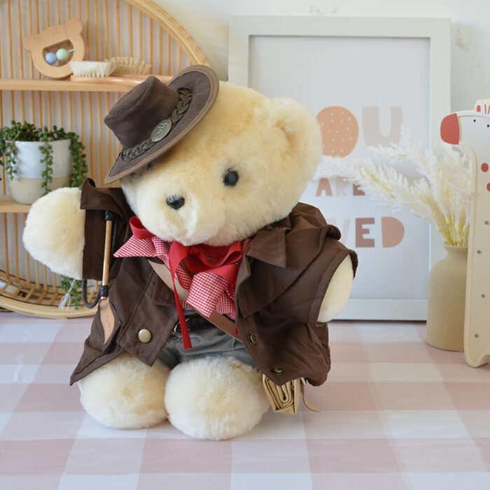 Tambo Teddies Mr Stockman teddy bear red woollen sheepskin