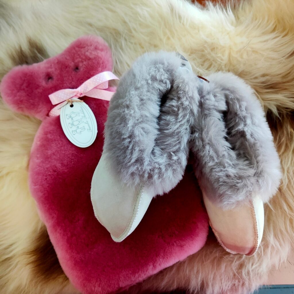 Winter warmers slippers, hot water bottle cover, long sheepskins Tambo Teddies