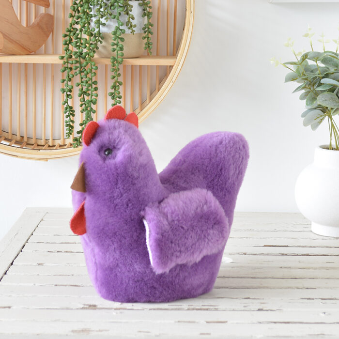 Tambo Teddies Ben's Hen teddy in purple woollen sheepskin chook