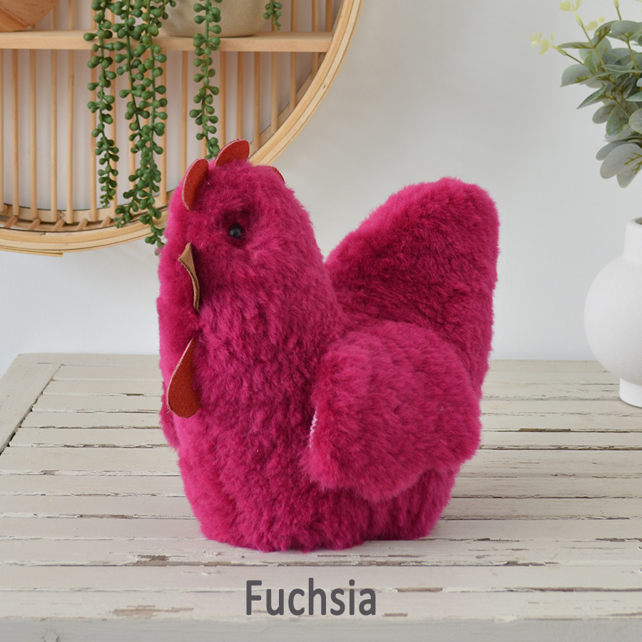 Tambo Teddies Ben's Hen teddy in fuchsia woollen sheepskin chook