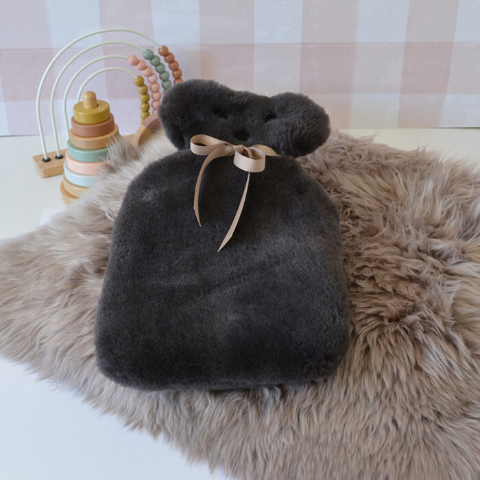 Tambo Teddies hot water bottle cover in chocolate woollen sheepskin