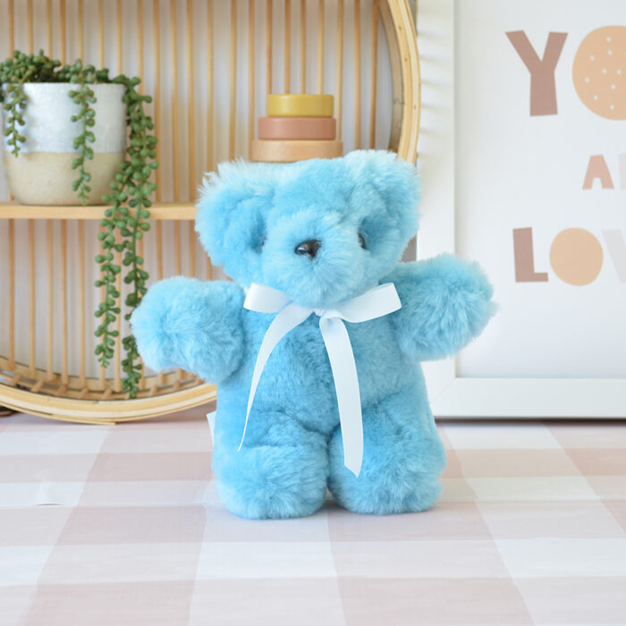 Tambo Teddies Tom Thumb teddy bear in teal blue woollen sheepskin