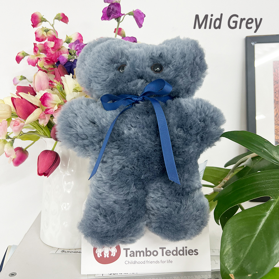 Tambo Teddies Puffy Bickie Bear teddy woollen sheepskin Mid Grey Colour flat teddy