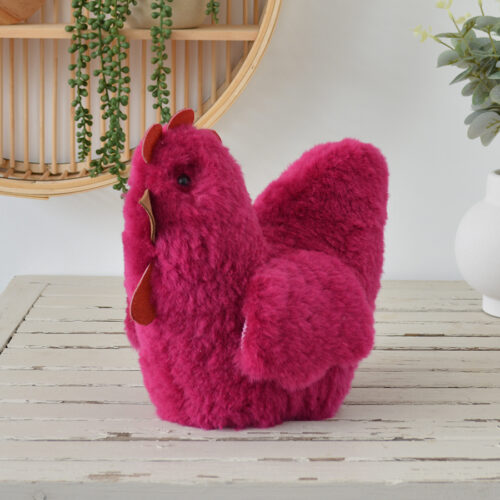Tambo Teddies Ben's Hen teddy in fuchsia woollen sheepskin chook