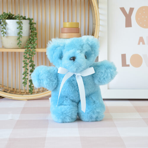 Tambo Teddies Tom Thumb teddy bear in teal blue woollen sheepskin
