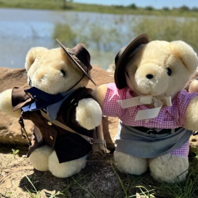 Mr and Mrs Stockman Bundle Tambo Teddies sheepskin teddy bears